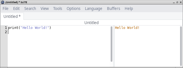 Screenshot from SciTE showing
the text 'Hello World!' on the output.