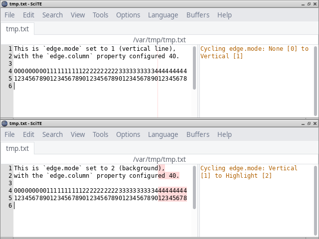 Two screenshots from
SciTE, one showing a vertical line after column 40, the other displaying
all characters after the 40th on each line with a highlighted background.