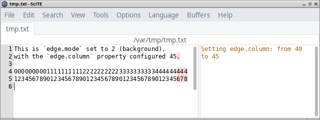 Screenshot from SciTE showing
highlighted background now starting at column 45.