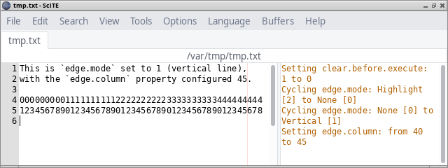 Screenshot from SciTE, with
the output pane showing text from multiple command executions, one after
the other.