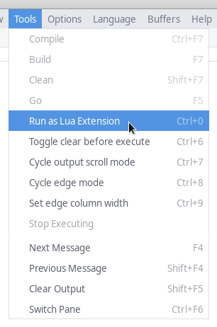 Screenshot from SciTE,
'Tool' menu only, showing custom entries along with the usual internal
commands
