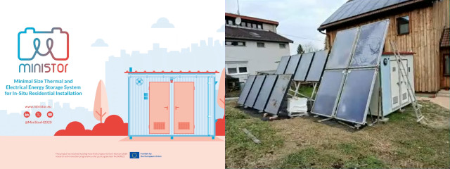 Two
side-by-side images, a photo of solar panels and an equipment container
set up besides a house, and the other showing a stylized version of the
container from a promotional material, with a label saying 'Minimal Size
Thermal and Electrical Storage System for In-Situ Residential
Installation'.