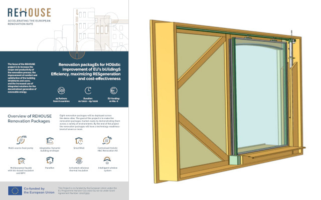 Two
side-by-side images, a CAD drawing of a sliding window, and a scaled-down
version of a promotional flyer, with a label saying 'Renovation packagEs
for HOlistic improvement of EU's bUildingS Efficiency, maximizing
RESgeneration and cost-effectiveness'.